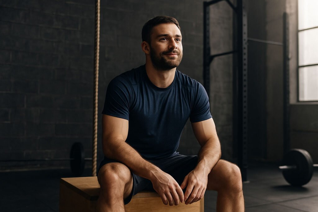 Crossfit y Salud mental. Atleta sentado en cajon en un Box