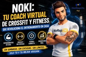 NOKI, el coach virtual de NoRepOK TV, en una imagen promocional de CrossFit y fitness mostrando entrenamiento en casa, progresión muscular, técnica correcta y rutinas sin gimnasio.