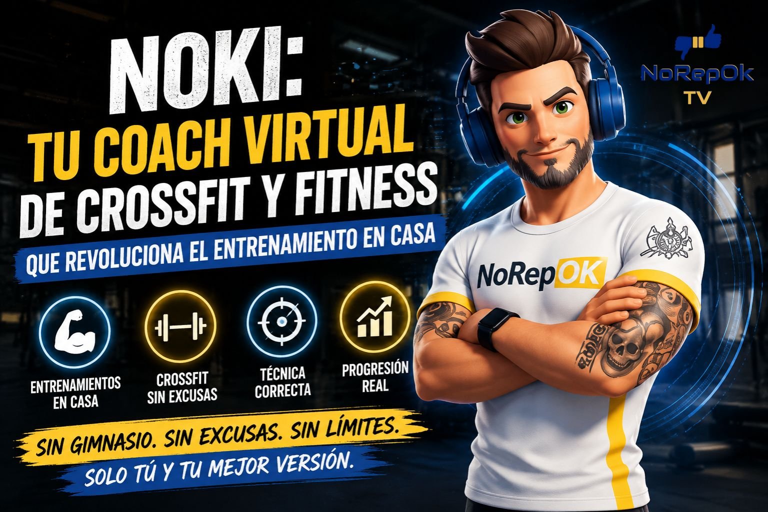 NOKI, el coach virtual de NoRepOK TV, en una imagen promocional de CrossFit y fitness mostrando entrenamiento en casa, progresión muscular, técnica correcta y rutinas sin gimnasio.