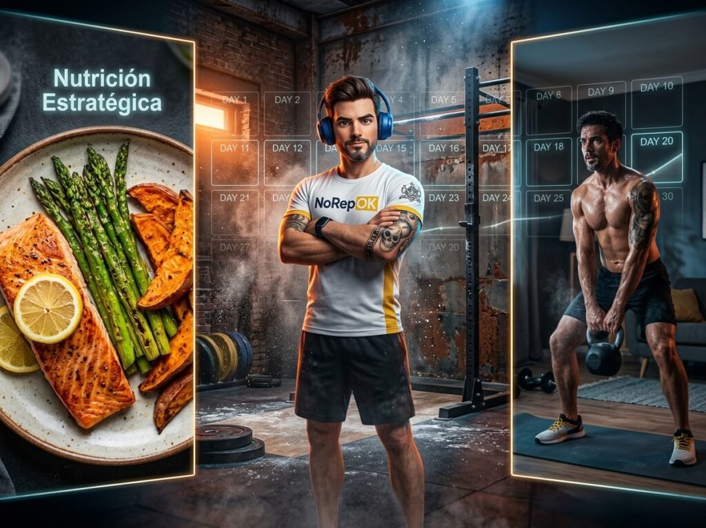 Infografía de transformación física de 30 días con el coach NOKI de NoRepOk TV, mostrando nutrición estratégica con déficit calórico y entrenamiento funcional para obtener resultados reales.