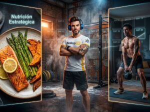 Infografía de transformación física de 30 días con el coach NOKI de NoRepOk TV, mostrando nutrición estratégica con déficit calórico y entrenamiento funcional para obtener resultados reales.
