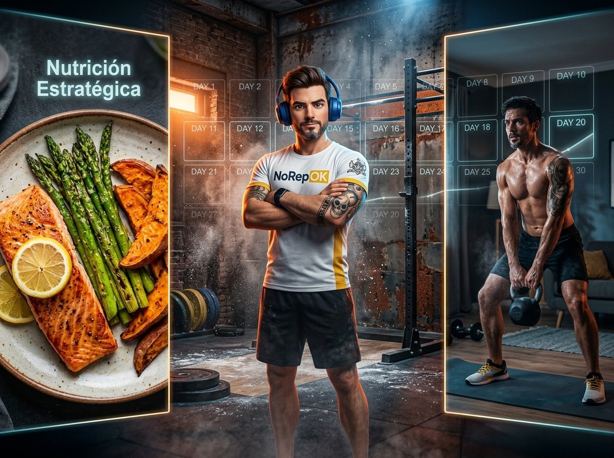 Infografía de transformación física de 30 días con el coach NOKI de NoRepOk TV, mostrando nutrición estratégica con déficit calórico y entrenamiento funcional para obtener resultados reales.